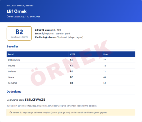 Örnek biSCORE sonuç belgesi (uydurma ad, ÖRNEK damgalı)